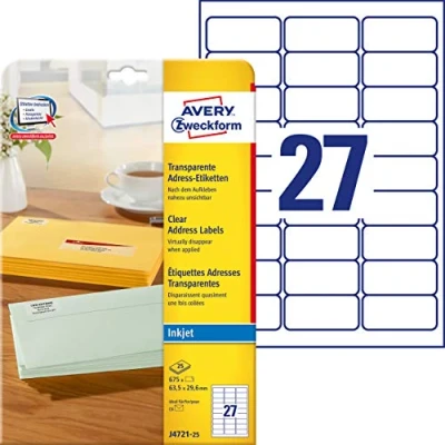 Obrázek AVERY Zweckform J4721 25 adresové štítky/nálepky na adresy (675 etikety, 63,5 x 29,6 mm A4, potištěné, samolepicí, pro DIN C6 dopisní obálky, polyesterová fólie, inkoustová tiskárna) listů, transparentní