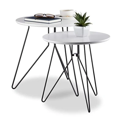 Obrázek Relaxdays Servírovací stolek sada 2 ks, kulaté stolky s kovovou konstrukcí, odkládací stolky, deska stolu 40 a 48 cm, MDF, černo bílá, standardní