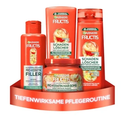 Obrázek Garnier Fructis Sada na odstranění poškození vlasů pro poškozené vlasy, s prokeratinem a marulovým olejem, šampónem (250 ml), kondicionér (200 vlasová kúra maska (320 4dílná