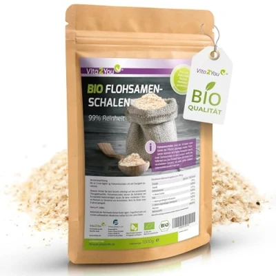 Obrázek Vita2You bio slupky psyllium 99% čistota 1000 g laboratorně testováno 100% pěstování 1 kg indických psyllií skořápek prémiová kvalita