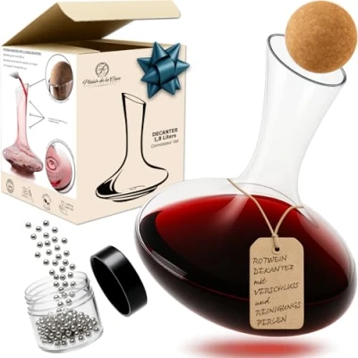 Obrázek Dekanter &amp; Zubehör (Korkverschluss + Reinigungsperlen aus Edelstahl) 100% bleifreie Weinkaraffe Kristallglas Weinbelüfter Dekantierer für Rotwein Einzigartige Geschenkidee