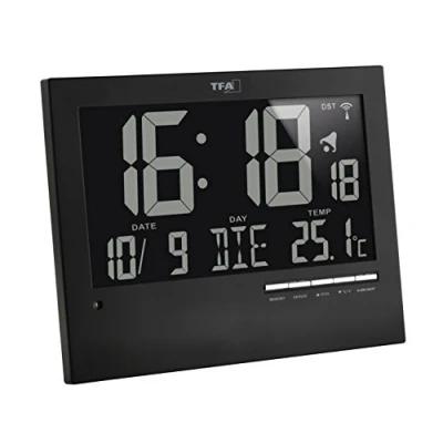 Obrázek TFA Dostmann Digitální rádiové hodiny s automatickým podsvícením, vnitřní teplotou, datum, den V týdnu, černé, 60. 4508, D 230 x Š 31 (80) 185 mm