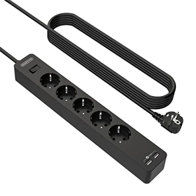 Obrázek 5násobná zásuvková lišta 3 m s USB, NTONPOWER vícenásobná zásuvka Ochrana proti přepětí Montáž na stěnu Použití lepidla, dlouhý prodlužovací kabel dětská pojistka, černá, opakovaně použitelná