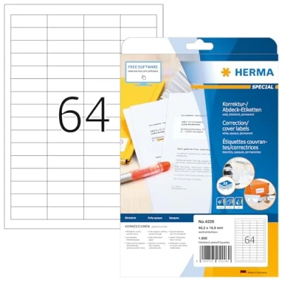 Obrázek HERMA 4226 krycí etikety DIN A4 neprůhledné (48,3 x 16,9 mm, 25 listů, papír, matné) samolepicí, potisknutelné, permanentně přilnavé korekční nálepky, 1 600 lepicích etiket, bílá