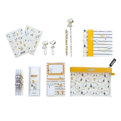 Obrázek Grupo Erik Schreibwaren Set Peanuts Snoopy Kugelschreiber Bleistift mit Radiergummi Federmäppchen Groß Büroklammern 4 Textmarker Notizzettel Klebend Fanartikel