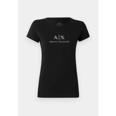 Obrázek Armani Exchange Women&#039;s Crewneck Slim fit Rhinestone Ax Logo Tee T Shirt, Black, Large