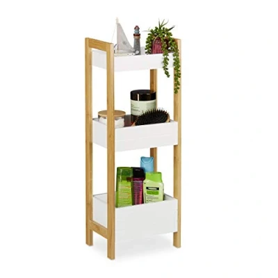 Obrázek Relaxdays Koupelnový regál se 3 košíky, stojací bambus a MDF, V x Š H: 74,5 28 20 cm, volně stojící, kuchyňský regál, přírodní/bílá, dřevěný materiál, 1 kus