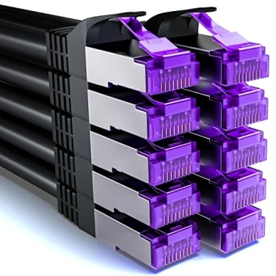 Obrázek deleyCON 10x 0,25m CAT7 síťový kabel 10 Gigabit krátký 25cm RJ45 patch Ethernet (měď, SFTP PiMF stínítko) LAN DSL Switch Modem Router Patchpanel CAT6 CAT5 černý