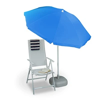 Obrázek Relaxdays slunečník, Ø 180 cm, výškově nastavitelný, sklopný, balkonový deštník, kulatý, polyester, ocel, plážový modrý