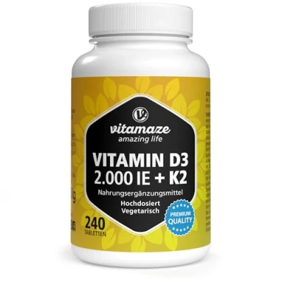 Obrázek Vitamín D3 K2 2000 IE s vitaminem MK7 &gt; 99% All Trans forma, zásoba 1+ let, 240 tablet vitaminu D bez zbytečných přísad, vyrobeno v Německu