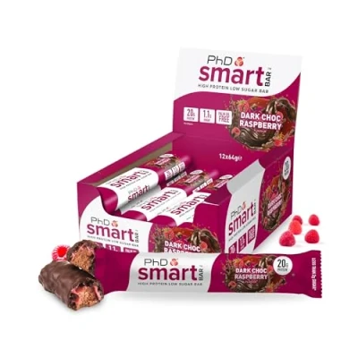 Obrázek PhD Nutrition Smart Bar Protein tyčinka tmavá čokoláda malina 12 x 64 g High Snack s 20 bílkovinami a malým množstvím cukru, proteinové tyčinky vhodné pro makro