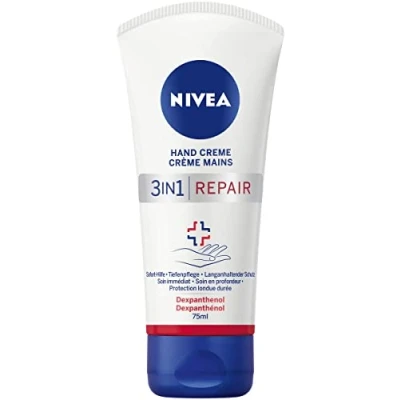Obrázek NIVEA 3v1 Repair krém na ruce (75 ml), bohatý pleťový s dexpanthenolem pro intenzivní péči, péče o při velmi suchých a popraskaných rukou