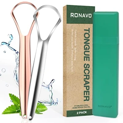 Obrázek RONAVO Zungenreiniger (2 Stück), Zungenschaber Heilung von Mundgeruch (medizinische Qualität), Edelstahl für Mundhygiene, Metall Tongue Scraper, Zungenbürste frischer Atem in Sekunden