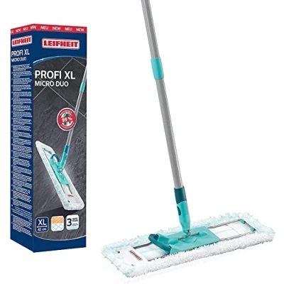 Obrázek Leifheit Profi XL micro Duo, ocelový mop 146 cm, s nožním klikem, potah z mikrovlákna na dlaždice a laminát, otočný kloub o 360, zacvakávací systém, ekologický karton