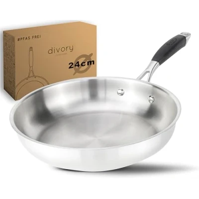 Obrázek DIVORY pánev z ušlechtilé oceli 24 cm PURA indukce I nepotažená velká pro všechny typy sporáků indukční pánev, ergonomická rukojeť, vhodná do myčky (24 cm, stříbrná)