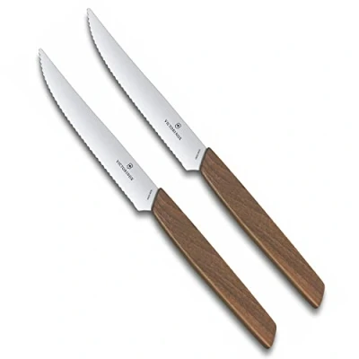 Obrázek Victorinox, Swiss Modern, sada profesionálních nožů na steaky, 2dílná, extra ostrá čepel, zoubkovaný brus, 12 cm, ušlechtilá dřevěná rukojeť, nerezová ocel, hnědá