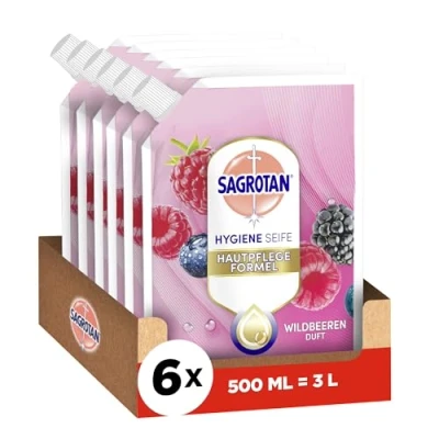 Obrázek Sagrotan Náplň na ruce Ostružina a lesní plody hydratační silné proti bakteriím 6 x 500 ml mýdla