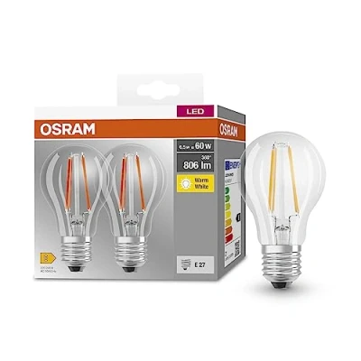 Obrázek OSRAM BASE CLASSIC A FIL 60 LED žárovka s paticí E27, klasický tvar pístu, dvojité balení, 6,5 W, 806 lm, 2700 K, teplé bílé světlo, nízký vývin tepla, dlouhá životnost, nízká spotřeba energie
