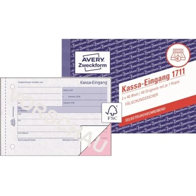 Obrázek AVERY Zweckform 1711 Kassa vstup speciálně pro Rakousko (A6 na šířku, 2 x 40 listů, samoprůpisný s barevným průrazem, tisk dokumentů odolný proti falšování) bílá/růžová