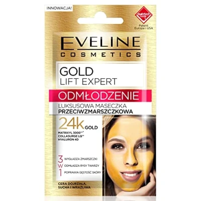 Obrázek Eveline Cosmetics Gold Lift Expert Luxus maska proti vráskám 24karátové zlato terapie 4D kolagen Boosting péče o pleť pro zralou, suchou a citlivou pokožku