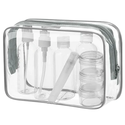 Obrázek MOCOCITO Kosmetická taška transparentní cestovní lahve k naplnění sada 8 kusů cestovních lahví (100 ml), vybavení do letadla, příslušenství, příruční zavazadlo tekutiny, Grau01