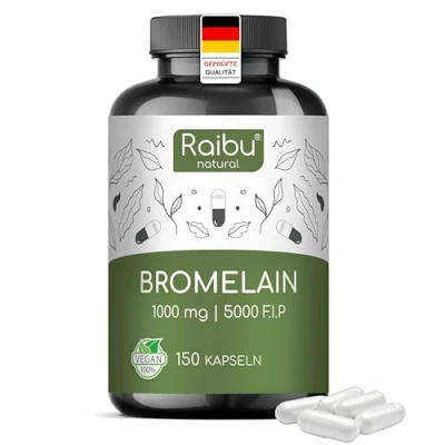 Obrázek Bromelain kapsle vysoké dávky 1000 mg (5000 F.I.P/2500 GDU v denní dávce) I 150 kapslí odolných vůči žaludečním šťávám Přírodní extrakt z ananasu Vyrobeno Německu a laboratorně testováno