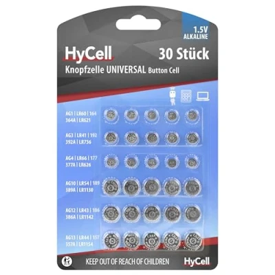 Obrázek HyCell Sada alkalických knoflíkových baterií AG1, AG3, AG4, AG10, AG12, AG13, 1,5 V, 30 kusů, knoflíkové baterie, pro hodinky, hračky, kapesní kalkulačky, dálkové ovládání