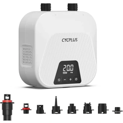 Obrázek CYCPLUS Vysokotlaká vzduchová pumpa 20PSI, provoz na baterie, inteligentní Dual Stage Inflace &amp; Deflace, automatická Stand Up Paddle Boards, surfovací sada, stan, matrace