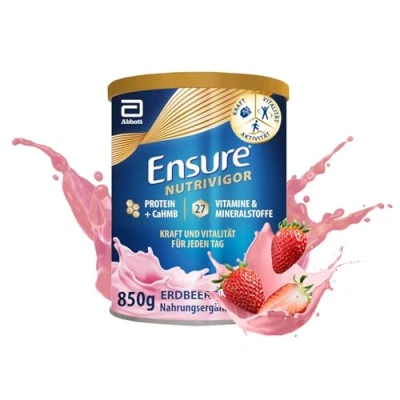 Obrázek Ensure NutriVigor jahodový koktejl 1 x 850 g doplněk stravy s caHMB, proteiny a 27 vitamíny minerály pro zdravou, vyváženou stravu