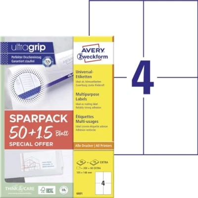 Obrázek AVERY Zweckform Univerzální etikety 6601 (200 plus 60 samolepicích etiket navíc, 105 x 148 mm na A4, papír matný, potiskovatelné přepravní etikety, samolepicí nálepky s ultragrip) 65 listů, bílé