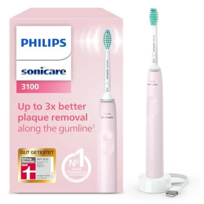 Obrázek Elektrický sonický zubní kartáček Philips Sonicare 3100 Series, s integrovaným tlakovým senzorem, chytrým časovačem a QuadPacer, HX3671/11, růžový