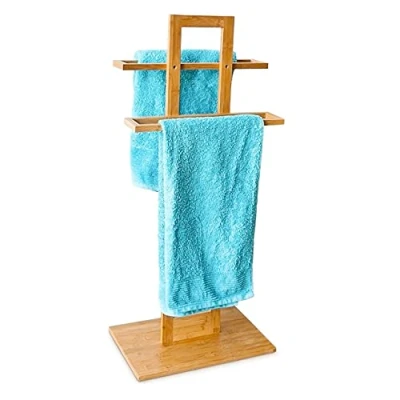 Obrázek Relaxdays stojan na ručníky bambus se 2 tyčemi v x Š H 85 37 25 cm volně stojící držák přírodním dřevěném vzhledu jako malý pánský sluha nebo šaty koupelně,