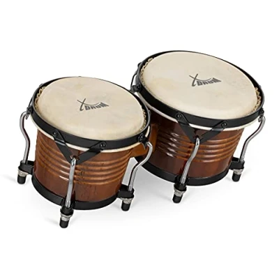 Obrázek XDrum Bongos Pro Tobacco 2 bubny s 6,5&quot; (17 cm) a průměrem 7,5&quot; (20 bongotové nastavitelnými přírodními vlnami ladicím klíčem dřevěné hnědé
