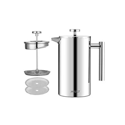 Obrázek MaxMiuly Kávovar French Press 0,35 litru, malá příprava kávy, dvoustěnná ušlechtilá ocel, francouzský lis na kávu se 2 extra sítkami, stříbrný 350 ml (2 šálky)