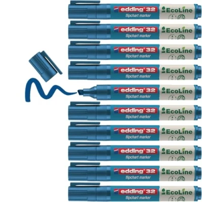 Obrázek edding 32 EcoLine Flipchartmarker modrá 10 tužek klínový hrot 1 5 mm pro psaní, kreslení na rozepínácích inkoust se neroztrhává papírem nevysává doplňovací