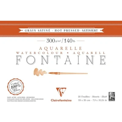 Obrázek Clairefontaine 96343C Aquarellblock Fontaine Satiné (100% Hadern, feinkörnig, glatt, für Nass und Trockentechniken geeignet, säurefrei, 300g, 18 x 26 cm, 20 Blatt) weiß