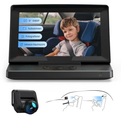 Obrázek WOLFANG 1080P Baby Autokamera: USB C Plug and Play, einfache Einrichtung, 5 Zoll Bildschirm fürs Auto Babyphone mit Nachtsichtkamera, breite, klare Sicht für den Rücksitz