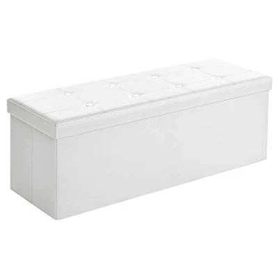 Obrázek SONGMICS 110 cm lavice s úložným prostorem, truhla na sezení, úložný box, podnožka, skládací, polstrovaný, potah z umělé kůže, nosnost až 300 kg, bílý LSF702
