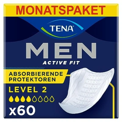 Obrázek TENA MEN absorpční chrániče, úroveň 2 60 vložek v měsíčním balení (6 x 10), jednotlivě balené hygienické vložky pro muže při střední ztrátě moči a inkontinenci
