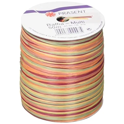 Obrázek PRÄSENT C.E. Pattberg Raffia Multicolour Bastband oranžovo zeleno hnědá, 50 m dárková stuha k zabalení, 5 pramenná pro kutily jako dárky, příslušenství dekoraci a tvoření