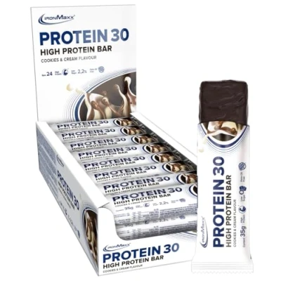 Obrázek IronMaxx Protein 30 proteinových tyčinek sušenky a krém, 24 x 35 g proteinové tyčinky bez palmového oleje s vitamíny vhodné pro stravu nízkým obsahem cukru nízkosacharidovou stravou