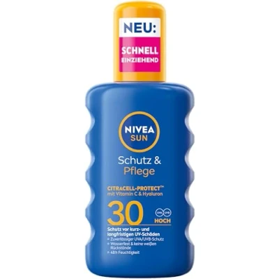 Obrázek NIVEA SUN ochrana &amp; péče sluneční sprej LSF 30, voděodolný opalovací krém ve spreji s vitaminem C Hyaluron, rychle se vstřebávající pro 48h vlhkost (200 ml)