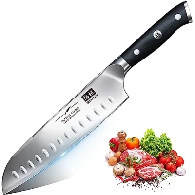Obrázek SHAN ZU Kuchyňský nůž, šéfkuchařský nůž Santoku Německý uhlík ušlechtilá ocel ostrá čepel nože 18 cm ergonomická rukojeť dárková krabička