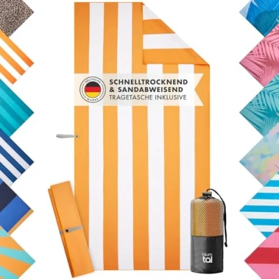 Obrázek Blumtal Strandtuch XXL aus Mikrofaser kompaktes und schnelltrocknendes Handtuch/Strandhandtuch 90x180 Stranddecke sandfrei + Band Badehandtuch sandabweisend Gelb Weiß gestreift