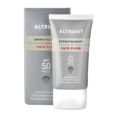 Obrázek Altruist Dermatologist Sunscreen Fluid SPF vynikající 5hvězdičková UVA ochrana od Dr. Andrew Birnie Premium antioxidační obličeje, bílá, bez zápachu, 50 mililitrů