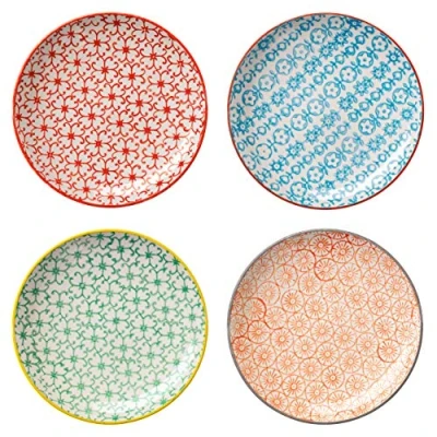 Obrázek Bloomingville talíř Carla Express Retro na koláč malý snídaňový kulatý ø 16 cm, červeno modrý, zelený, oranžová, keramika, 4dílná sada