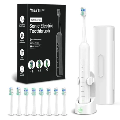 Obrázek Elektrische Zahnbürste, Schallzahnbürste für Erwachsene und Kinder, Electric Toothbrush mit 5 Putzmodi 3 Intensitätsstufen Integrierter Timer 8 Zahnbürstenköpfen, Reiseetui, Weiß