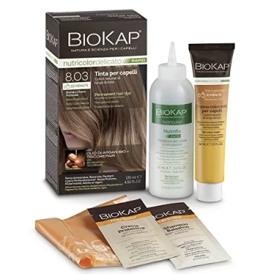 Obrázek BIOKAP Permanentní barva na vlasy Rapid 8.03 světlá přírodní blond doba působení pouze 10 minut bio arganový olej komplex TricoREPAIR veganský optimální krytí šedi až 80 % přírodních