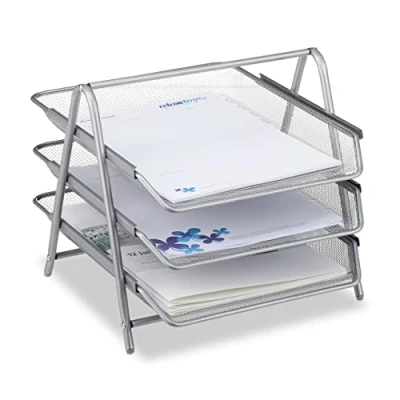 Obrázek Relaxdays Kovový odkládací prostor na dokumenty, přihrádka dopisy 3 přihrádky, Mesh Design plocha dokumenty A4, stříbrná, 35,5 x 29,5 27 cm