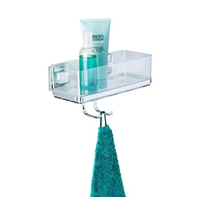 Obrázek WENKO Vacuum Loc Koupelnová police Quadro s háčky, 2 patra, vyjímatelnou miskou, upevnění bez vrtání, nerezová ocel/plast, 25,5 x 15 14 cm
